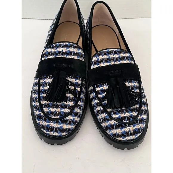 Women's Ann Taylor Fall Lug Sole Tweed Tassel Loafer Blue Black White Size 10M