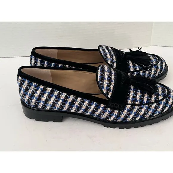 Women's Ann Taylor Fall Lug Sole Tweed Tassel Loafer Blue Black White Size 10M