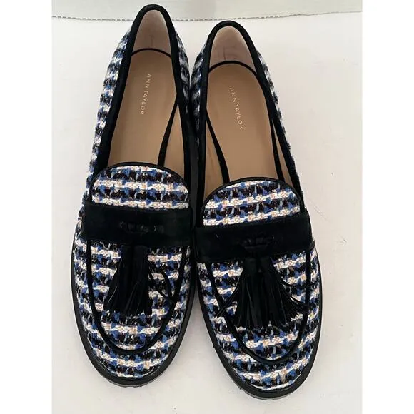 Women's Ann Taylor Fall Lug Sole Tweed Tassel Loafer Blue Black White Size 10M