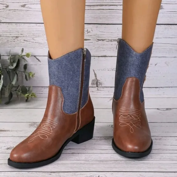 Women's Autumn/Winter New Western Style Side Zipper Ankle Boots, Colorblock High
