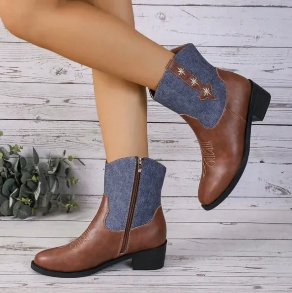 Women's Autumn/Winter New Western Style Side Zipper Ankle Boots, Colorblock High