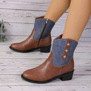 Women's Autumn/Winter New Western Style Side Zipper Ankle Boots, Colorblock High