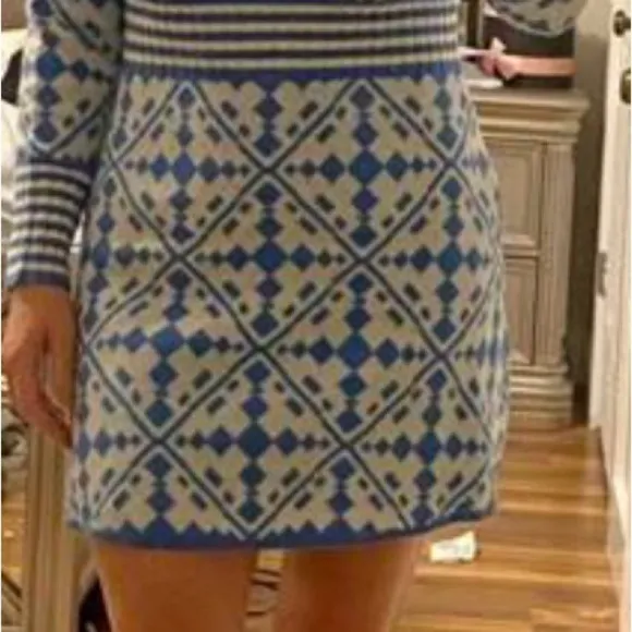 Women's Blue White Eye-Catching Geometric Knit Outdoor Midi Sweater Dress