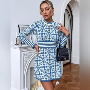 Women's Blue White Eye-Catching Geometric Knit Outdoor Midi Sweater Dress