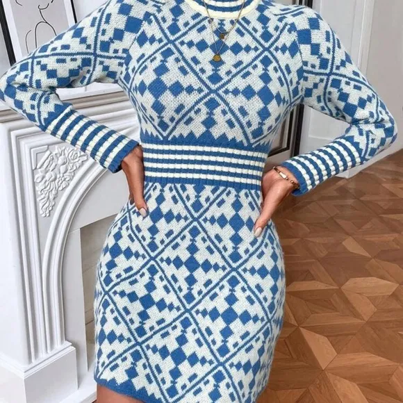 Women's Blue White Eye-Catching Geometric Knit Outdoor Midi Sweater Dress