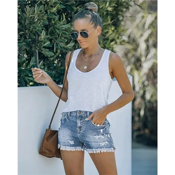 Women's Casual Mid Rise Denim Shorts Stretch Ripped Raw Hem Jean Shorts