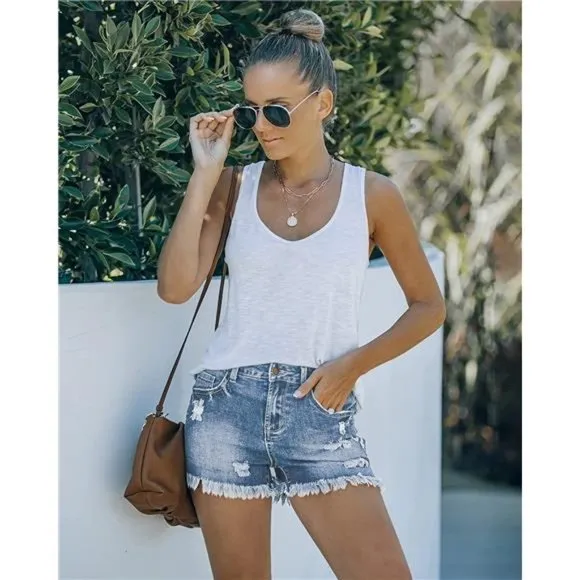 Women's Casual Mid Rise Denim Shorts Stretch Ripped Raw Hem Jean Shorts