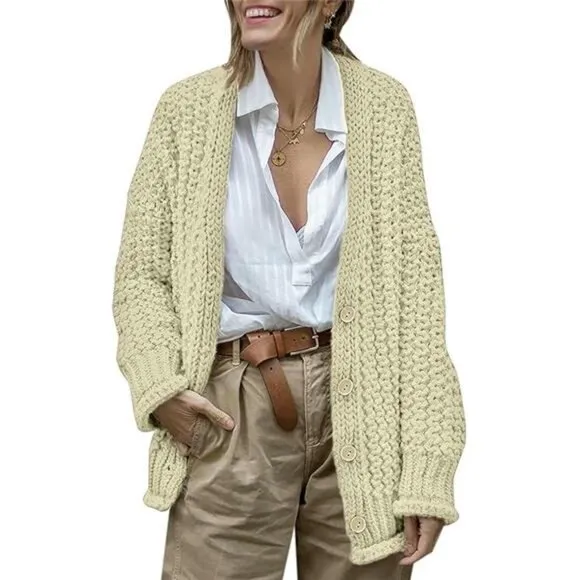 Women's Chunky Knit Cardigan Sweaters Button Down Open Front Oversized Textured