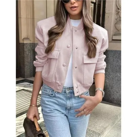 Womens Cropped Bomber Jacket Button Down Varsity Jackets Shackets With Pockets