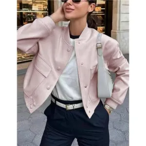 Womens Cropped Bomber Jacket Button Down Varsity Jackets Shackets With Pockets