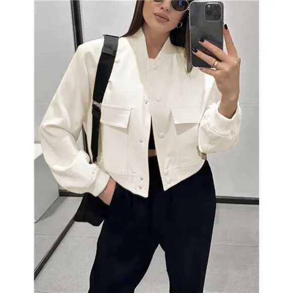 Womens Cropped Bomber Jacket Button Down Varsity Jackets Shackets With Pockets