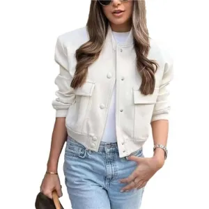 Womens Cropped Bomber Jacket Button Down Varsity Jackets Shackets With Pockets