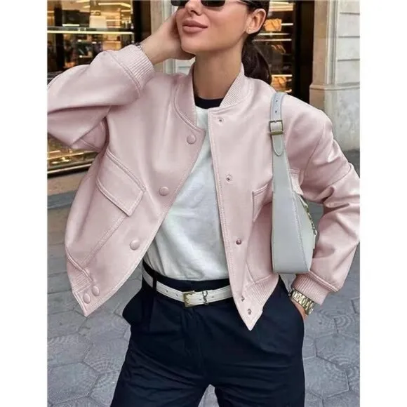 Womens Cropped Bomber Jacket Button Down Varsity Jackets Shackets With Pockets