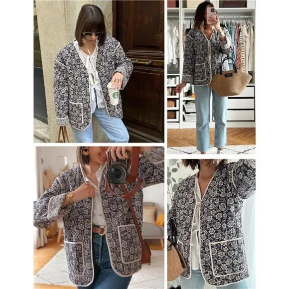 Women's Cropped Quilted Jacket Floral Print Puffer Jackets Lightweight Long