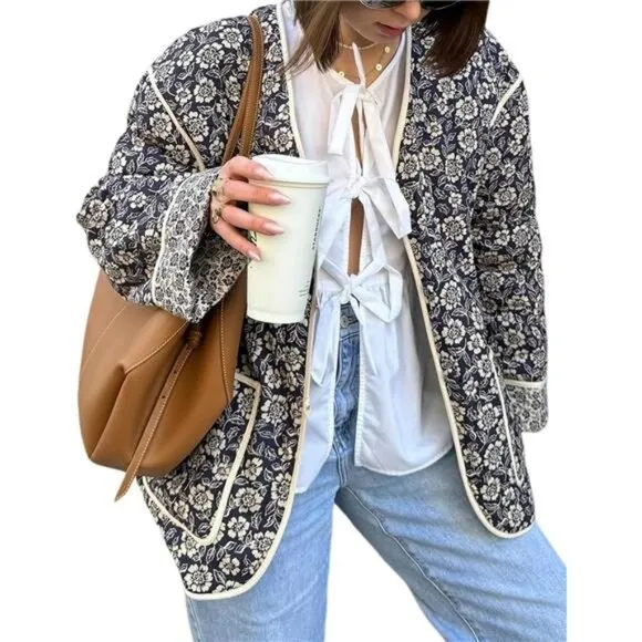 Women's Cropped Quilted Jacket Floral Print Puffer Jackets Lightweight Long