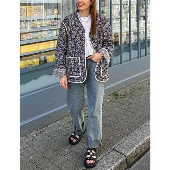 Women's Cropped Quilted Jacket Floral Print Puffer Jackets Lightweight Long