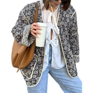 Women's Cropped Quilted Jacket Floral Print Puffer Jackets Lightweight Long
