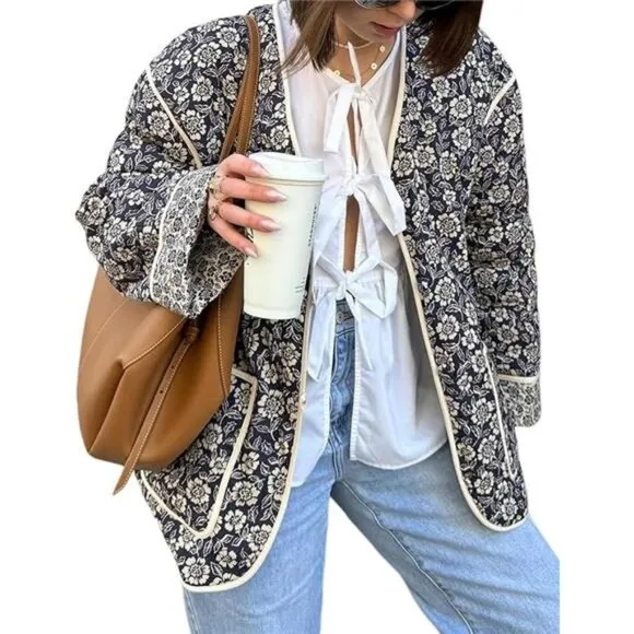 Women's Cropped Quilted Jacket Floral Print Puffer Jackets Lightweight Long