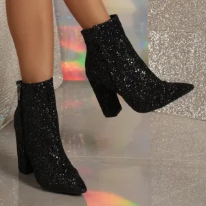 Women's Fashionable Round Toe Ankle Boots With Glitter Decoration, Side Zipper