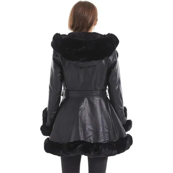 Women's Faux Leather Jacket with Faux Fur Collar Long Sleeve Parka with Pockets