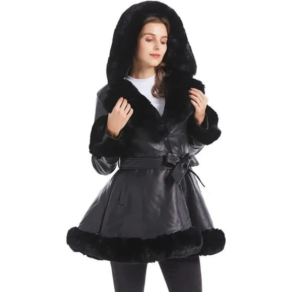 Women's Faux Leather Jacket with Faux Fur Collar Long Sleeve Parka with Pockets