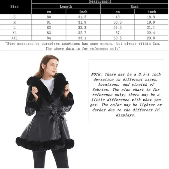 Women's Faux Leather Jacket with Faux Fur Collar Long Sleeve Parka with Pockets