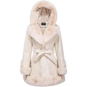Women's Faux Leather Jacket with Faux Fur Collar Long Sleeve Parka with Pockets