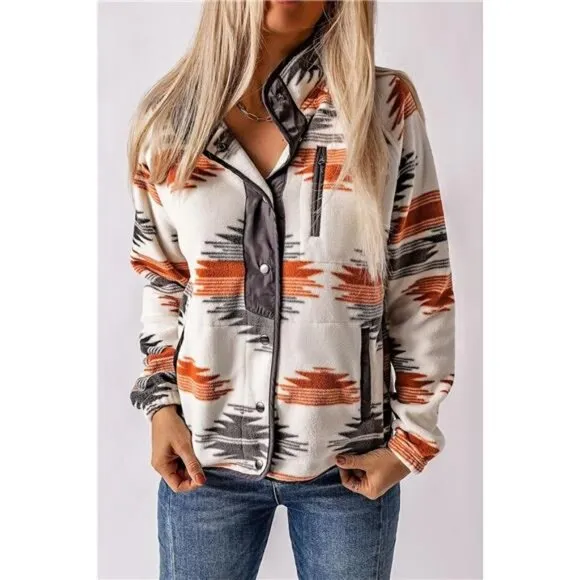 Women's Fleece Jacket Western Aztec Print‎ Snap Button Down Shacket with Pockets