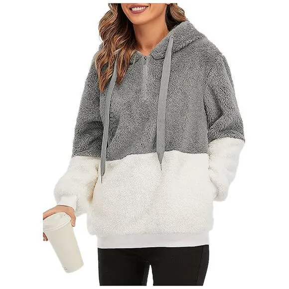 Women's Fuzzy Hoodies Sport Pullover Hoodie Y Grey &amp; White