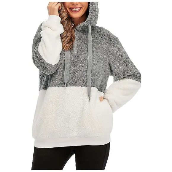 Women's Fuzzy Hoodies Sport Pullover Hoodie Y Grey &amp; White