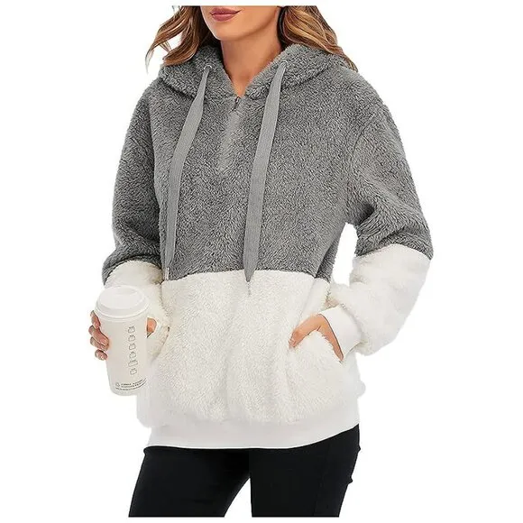 Women's Fuzzy Hoodies Sport Pullover Hoodie Y Grey &amp; White