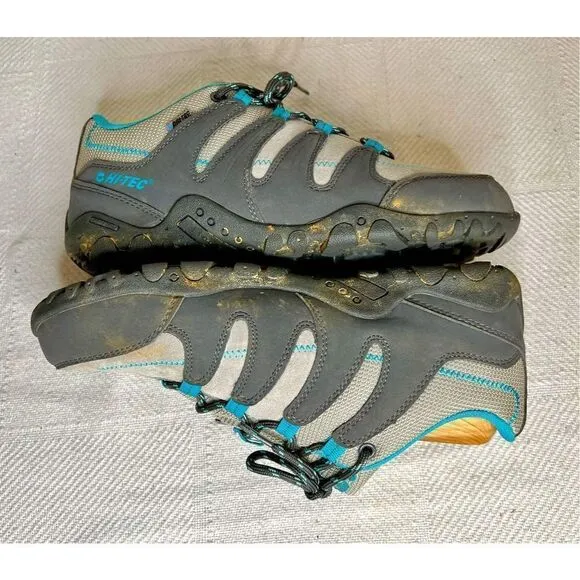 Women's Hi-Tec Romsey Low Grey/Graphite/Blue Waterproof Hiking Shoes Size 7.5
