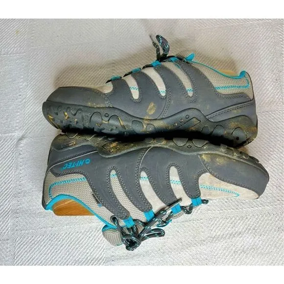 Women's Hi-Tec Romsey Low Grey/Graphite/Blue Waterproof Hiking Shoes Size 7.5