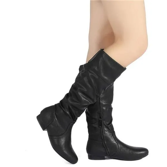 Women's Knee High Pull On Fall Weather Winter Boots Black/Pu