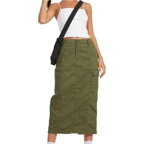 Women's Long Denim Skirt High Waist Flare Skirt with Pockets, Green