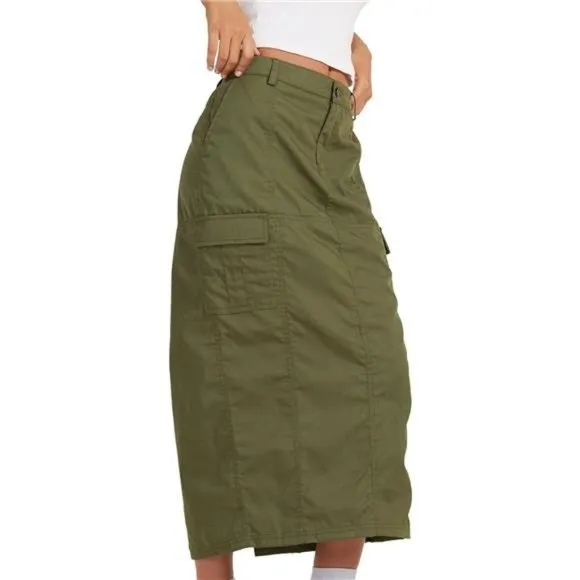 Women's Long Denim Skirt High Waist Flare Skirt with Pockets, Green