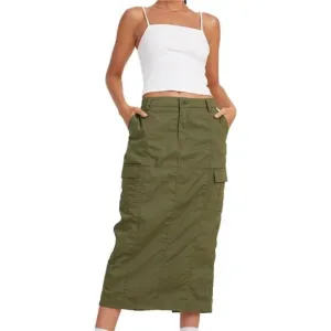 Women's Long Denim Skirt High Waist Flare Skirt with Pockets, Green