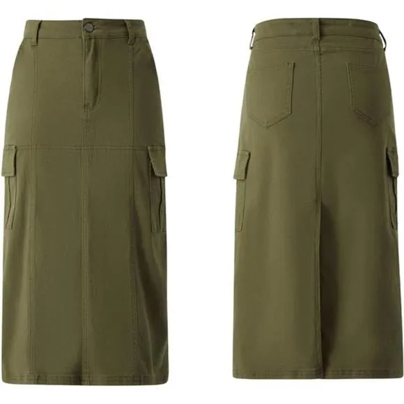 Women's Long Denim Skirt High Waist Flare Skirt with Pockets, Green