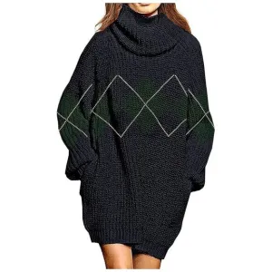 Women's Loose Turtleneck Oversize Long Pullover Sweater Dress Plaid Navy Blue