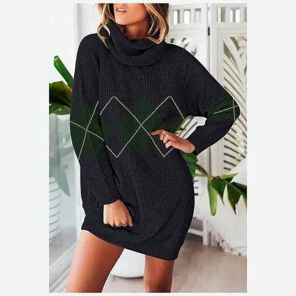 Women's Loose Turtleneck Oversize Long Pullover Sweater Dress Plaid Navy Blue