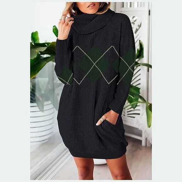 Women's Loose Turtleneck Oversize Long Pullover Sweater Dress Plaid Navy Blue