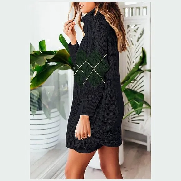 Women's Loose Turtleneck Oversize Long Pullover Sweater Dress Plaid Navy Blue