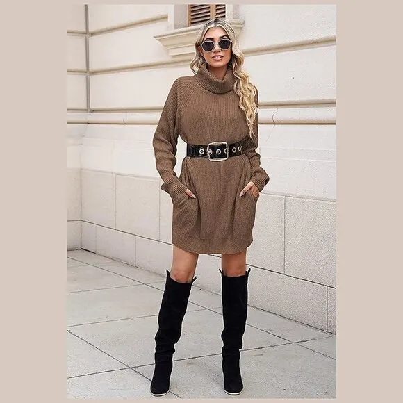 Women's Loose Turtleneck Oversize Long Pullover Sweater Dress Y - Chestnut
