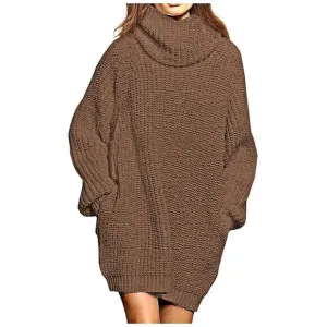 Women's Loose Turtleneck Oversize Long Pullover Sweater Dress Y - Chestnut