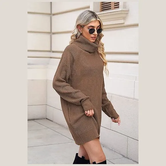 Women's Loose Turtleneck Oversize Long Pullover Sweater Dress Y - Chestnut