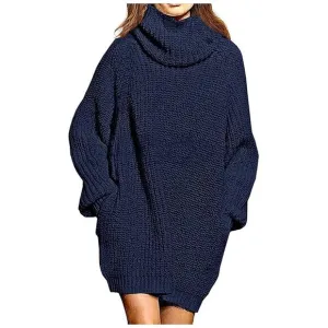 Women's Loose Turtleneck Oversize Long Pullover Sweater Dress  Y - Dark Blue