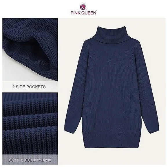 Women's Loose Turtleneck Oversize Long Pullover Sweater Dress  Y - Dark Blue