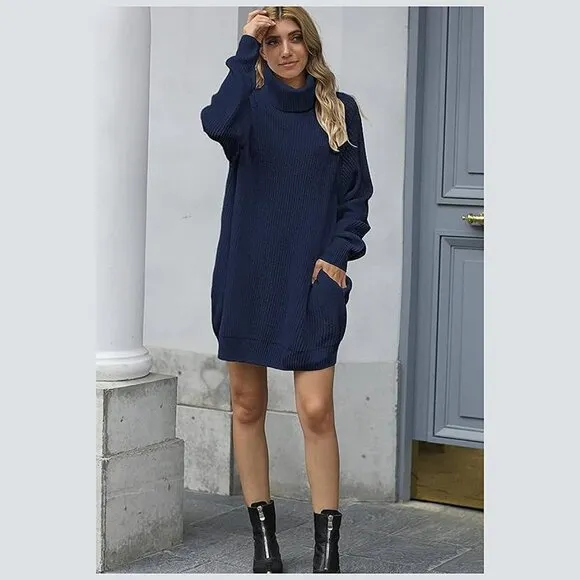 Women's Loose Turtleneck Oversize Long Pullover Sweater Dress  Y - Dark Blue
