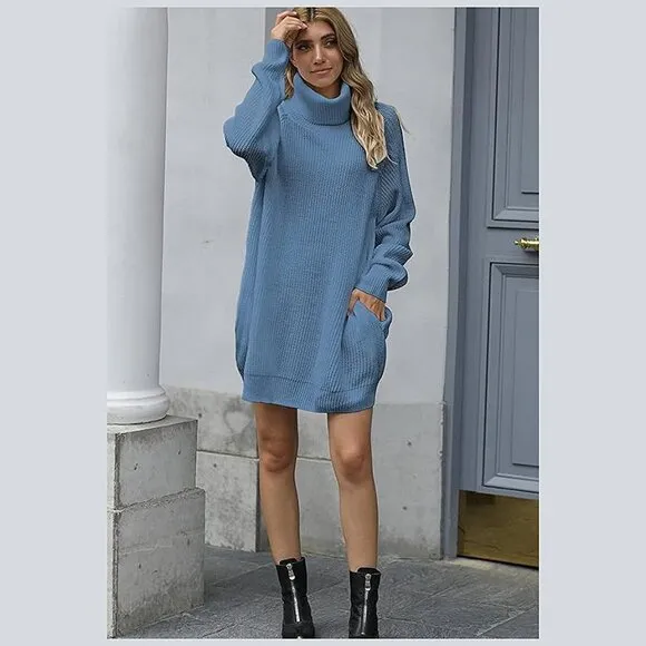 Women's Loose Turtleneck Oversize Long Pullover Sweater Dress Y - Light Blue