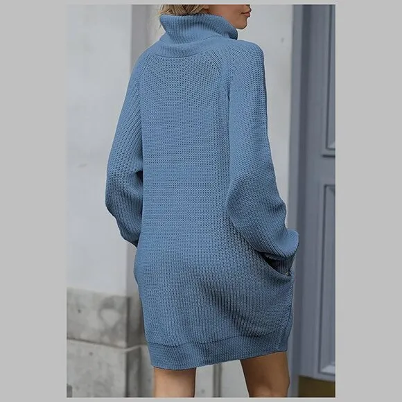 Women's Loose Turtleneck Oversize Long Pullover Sweater Dress Y - Light Blue